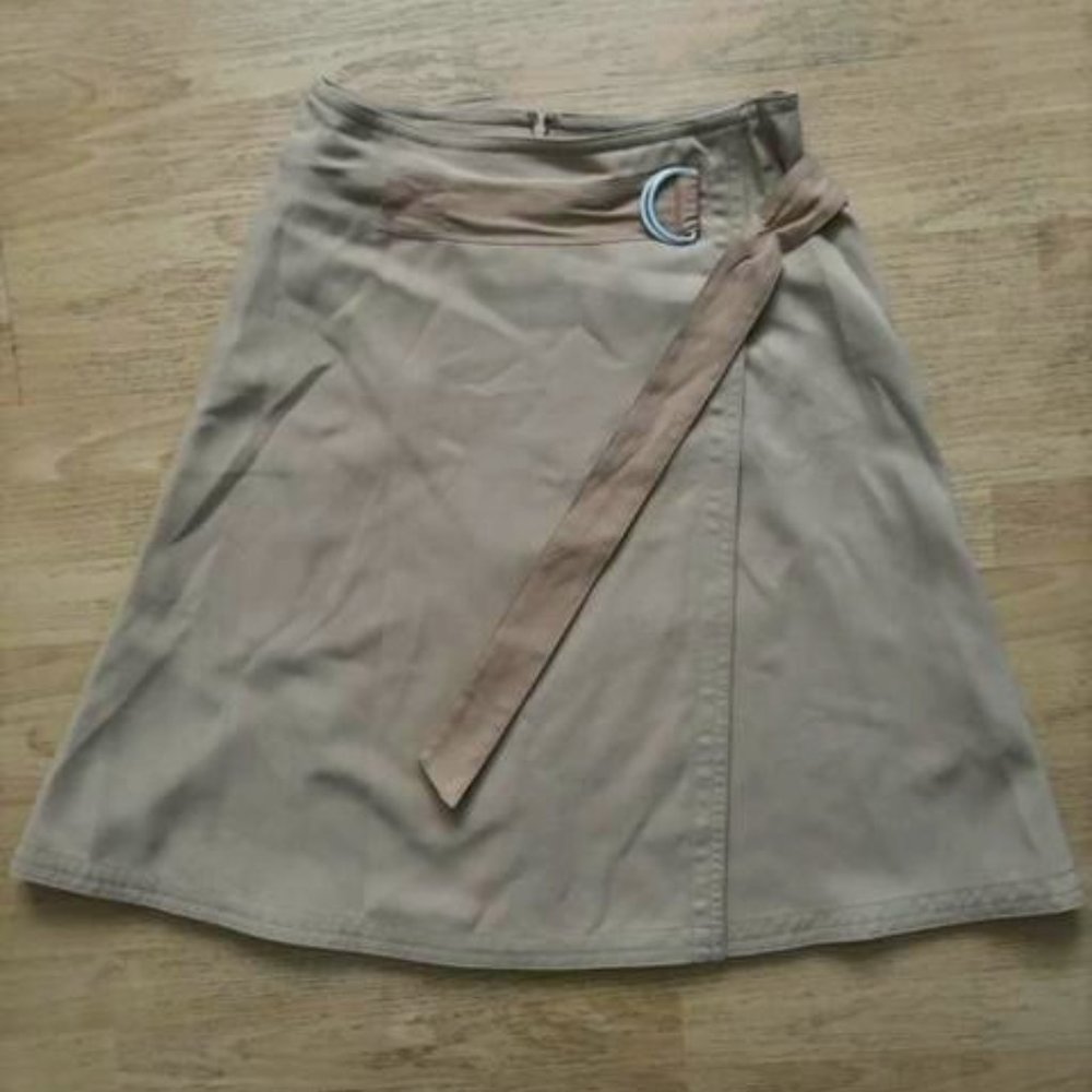 Ann Taylor Khaki Brown Pseudo Wrap A-line Flare Skirt